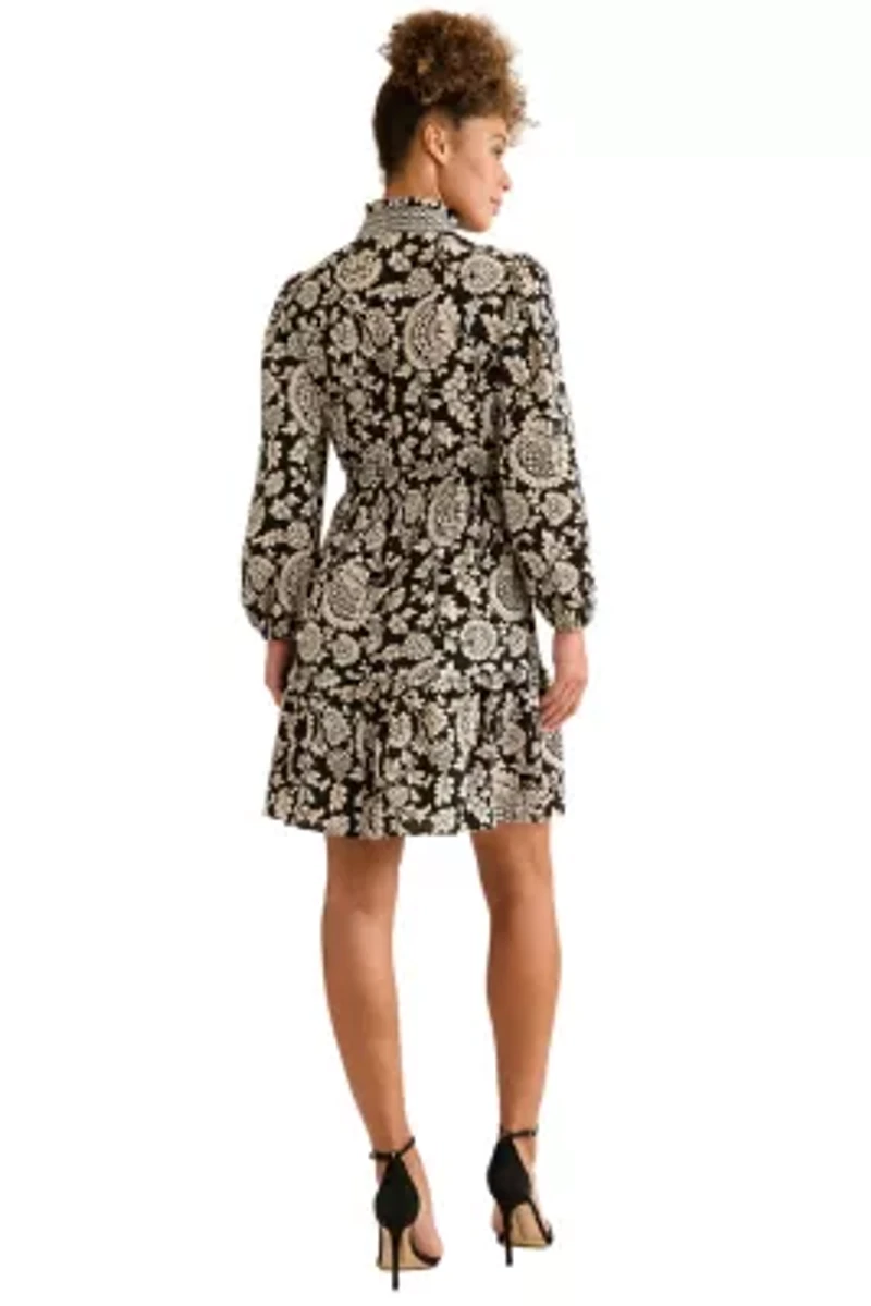 SMOCKED WAIST RUFFLE NECK LONG SLEEVE DRESS