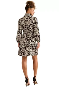 SMOCKED WAIST RUFFLE NECK LONG SLEEVE DRESS