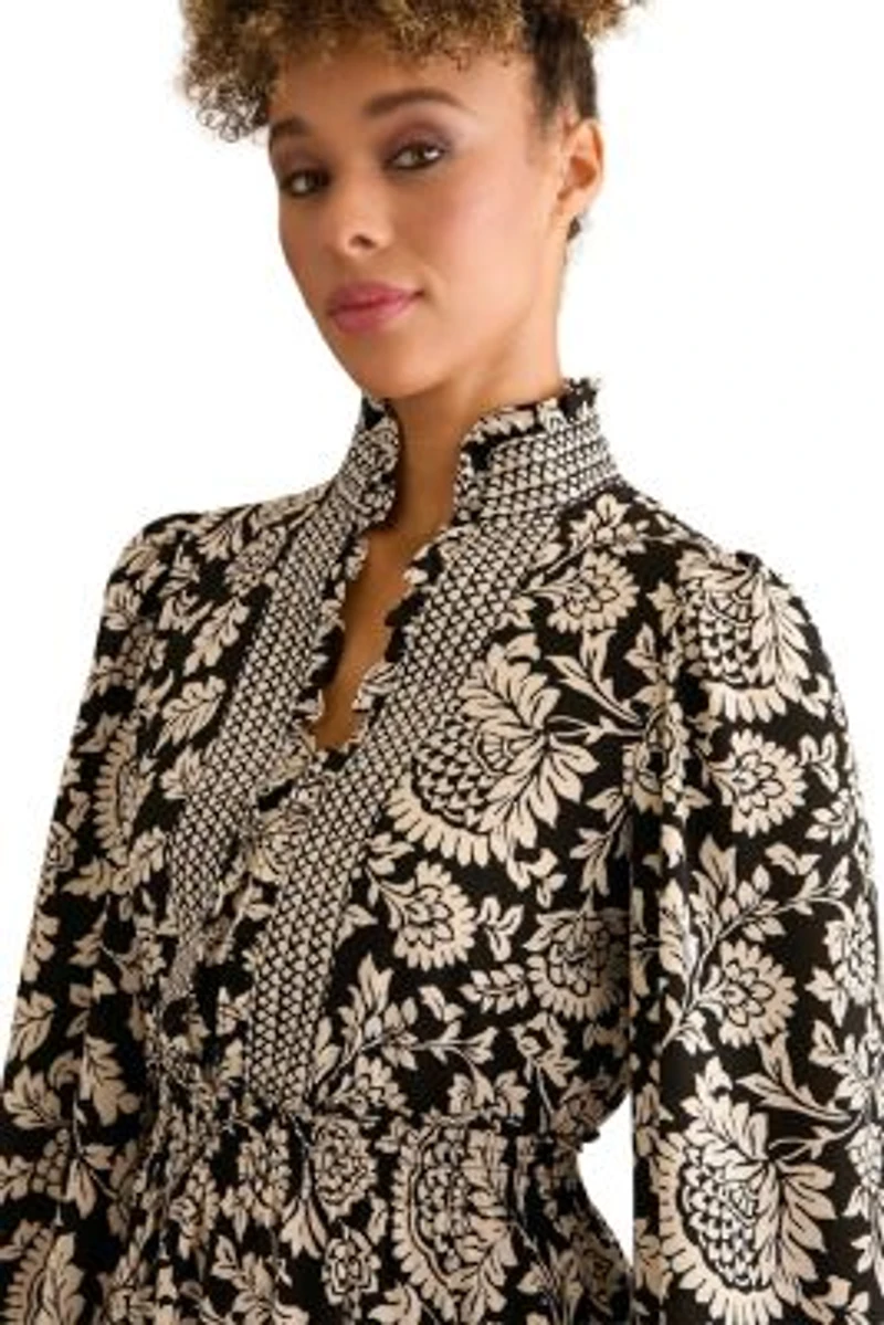 SMOCKED WAIST RUFFLE NECK LONG SLEEVE DRESS