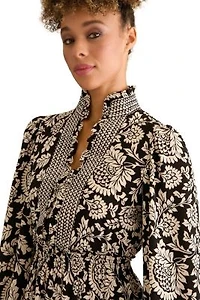 SMOCKED WAIST RUFFLE NECK LONG SLEEVE DRESS