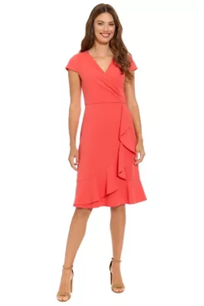 CAP SLEEVE FLOUNCE HEM RUFFLE WRAP DRESS