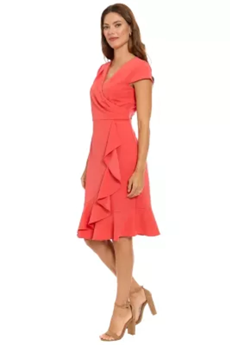 CAP SLEEVE FLOUNCE HEM RUFFLE WRAP DRESS