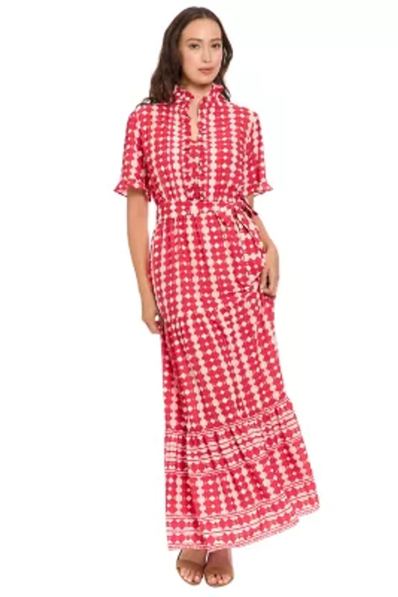 RUFFLE NECK ELBOW SLEEVE TIERED MAXI