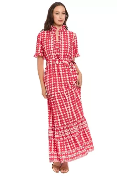 RUFFLE NECK ELBOW SLEEVE TIERED MAXI