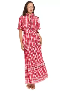 RUFFLE NECK ELBOW SLEEVE TIERED MAXI