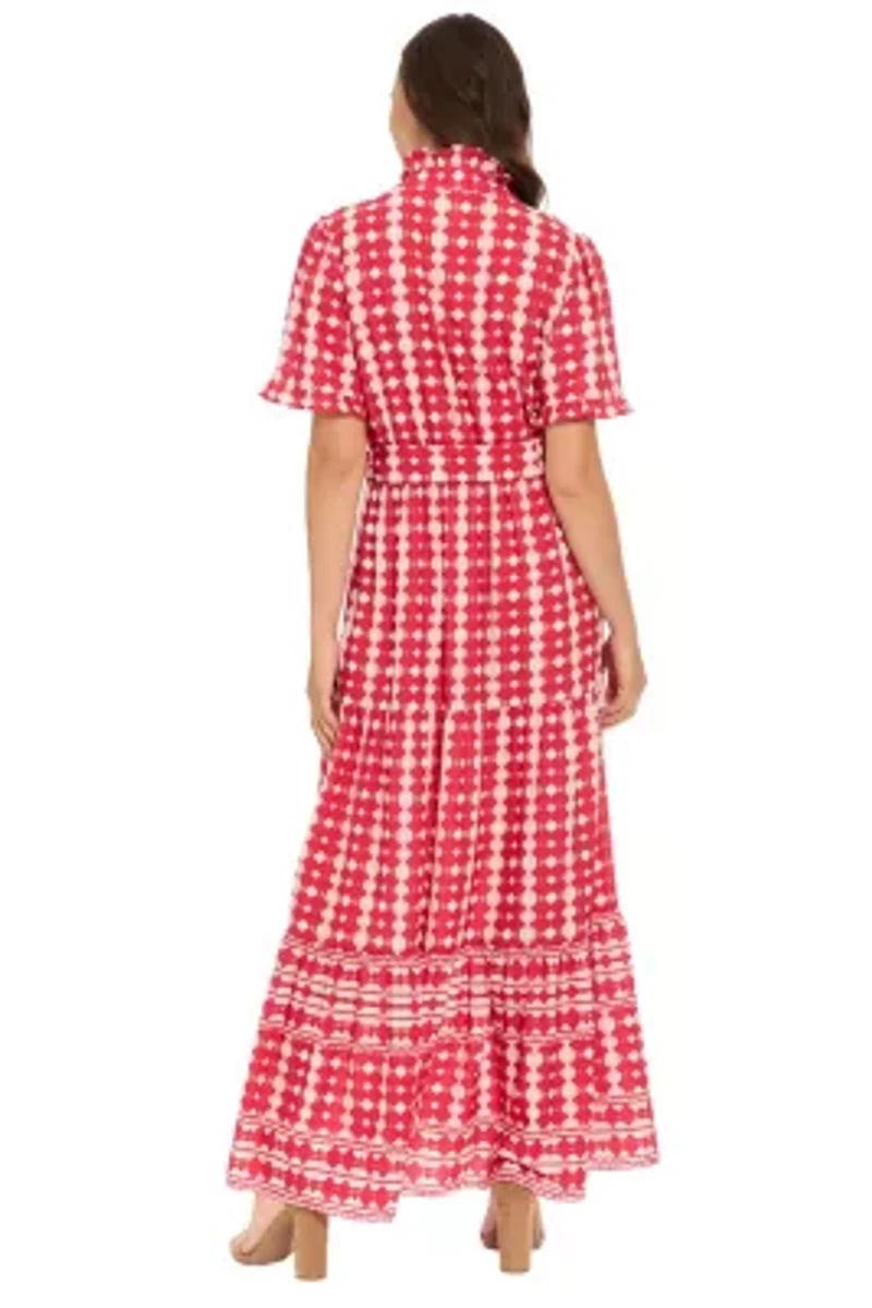 RUFFLE NECK ELBOW SLEEVE TIERED MAXI