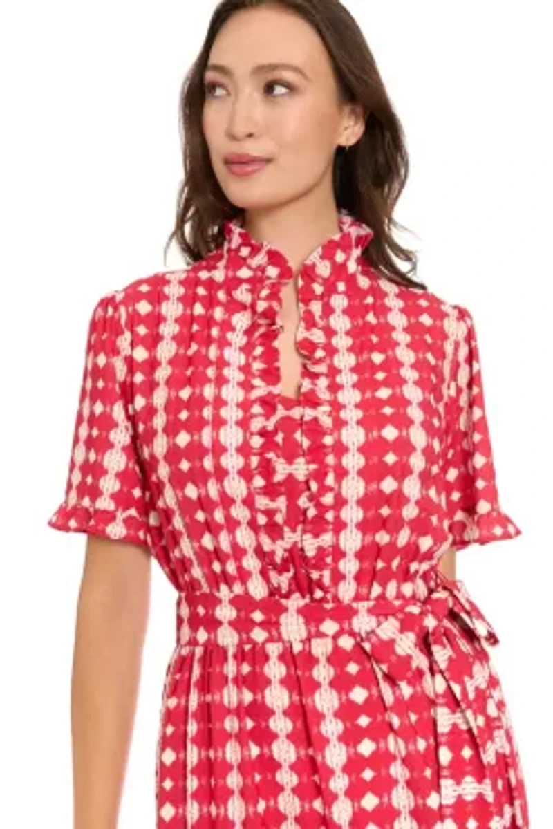 RUFFLE NECK ELBOW SLEEVE TIERED MAXI