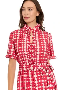 RUFFLE NECK ELBOW SLEEVE TIERED MAXI