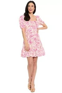 PUFF SLEEVE SMOCKED BACK SHORT DRESS