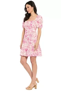 PUFF SLEEVE SMOCKED BACK SHORT DRESS
