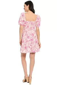 PUFF SLEEVE SMOCKED BACK SHORT DRESS