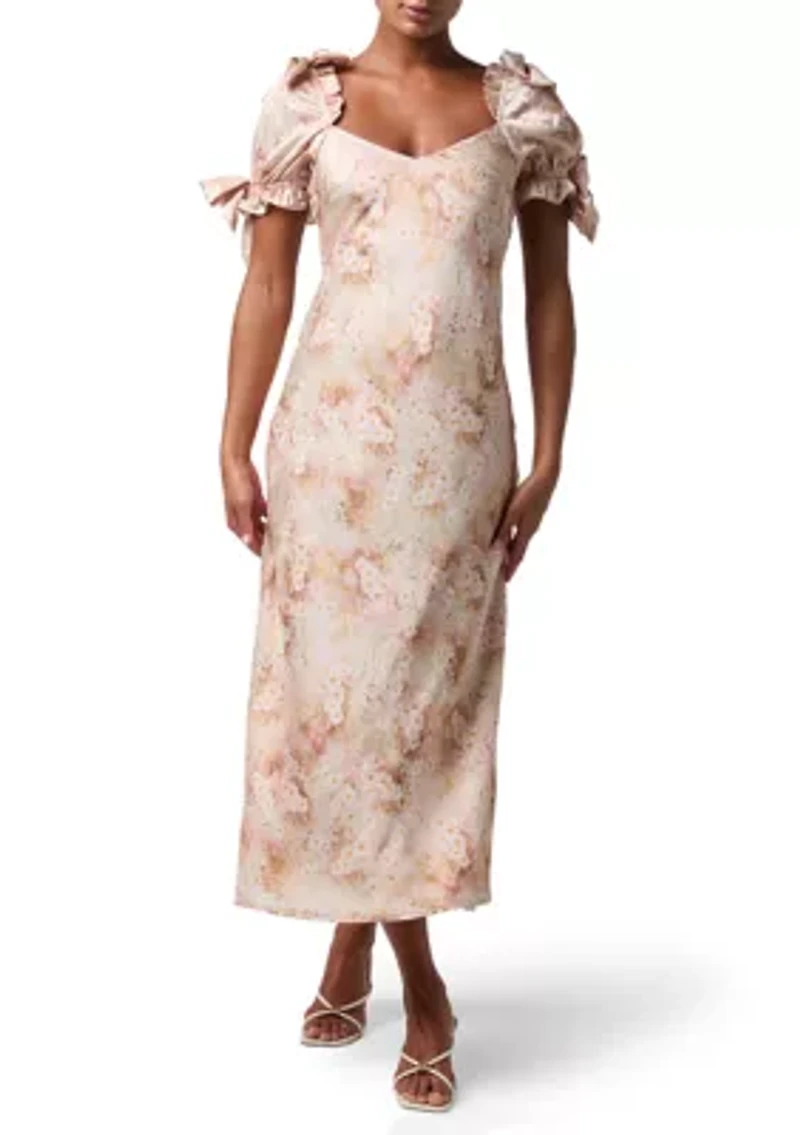 Women's Short Puff Sleeve Floral Midi Dress