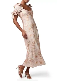Women's Short Puff Sleeve Floral Midi Dress