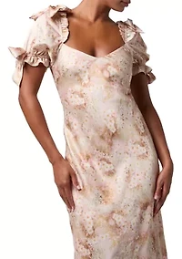 Women's Short Puff Sleeve Floral Midi Dress