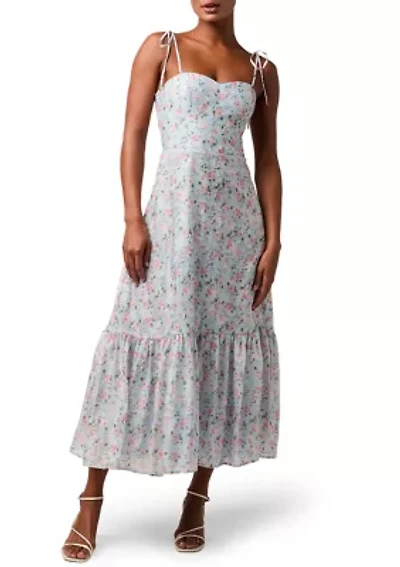 Women's Sleeveless Floral Tie Strap Flounce Hem Midi Dress