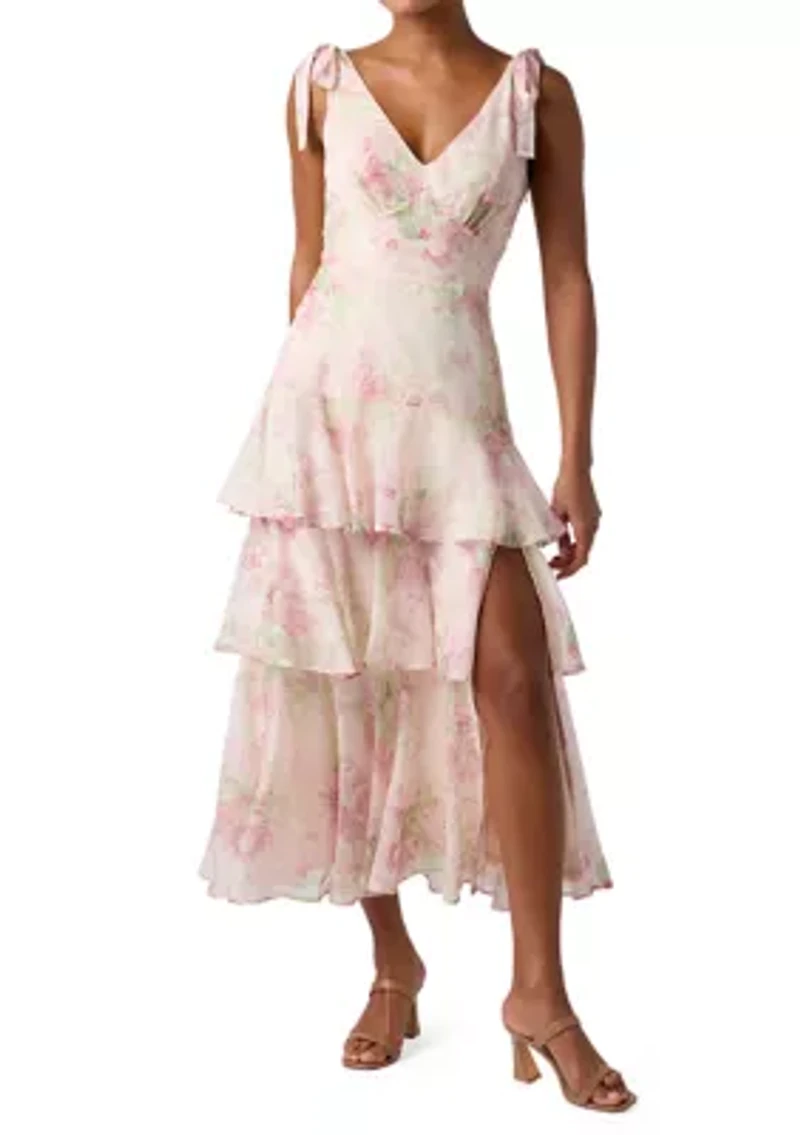 Women's Sleeveless Printed Tiered Tie Shoulder Midi Dress