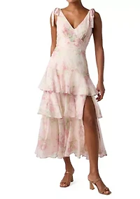 Women's Sleeveless Printed Tiered Tie Shoulder Midi Dress