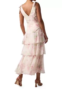 Women's Sleeveless Printed Tiered Tie Shoulder Midi Dress