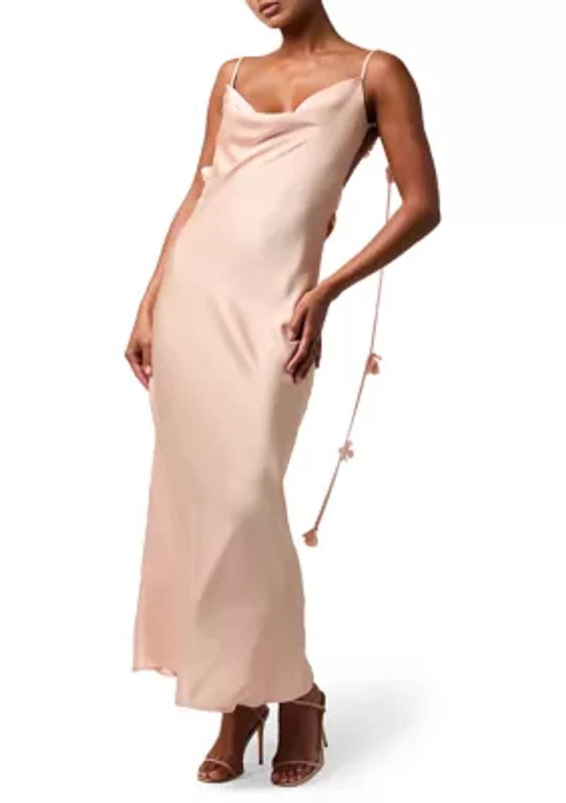 Women's Sleeveless Satin Maxi Dress with 3D Floral Straps
