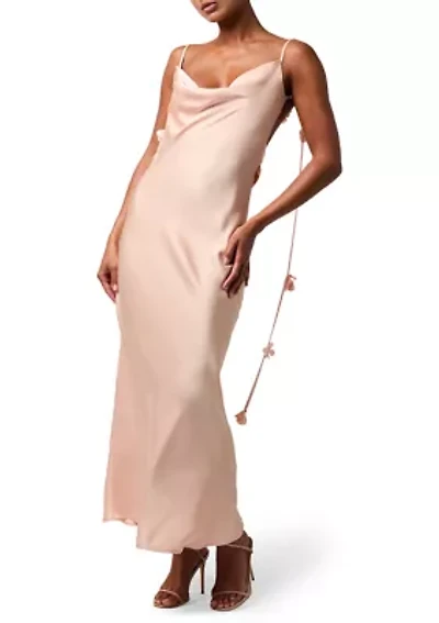 Women's Sleeveless Satin Maxi Dress with 3D Floral Straps
