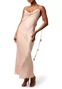 Women's Sleeveless Satin Maxi Dress with 3D Floral Straps