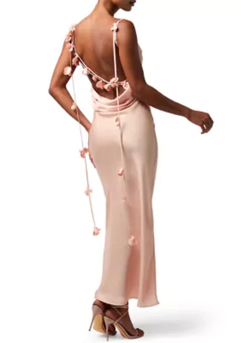 Women's Sleeveless Satin Maxi Dress with 3D Floral Straps