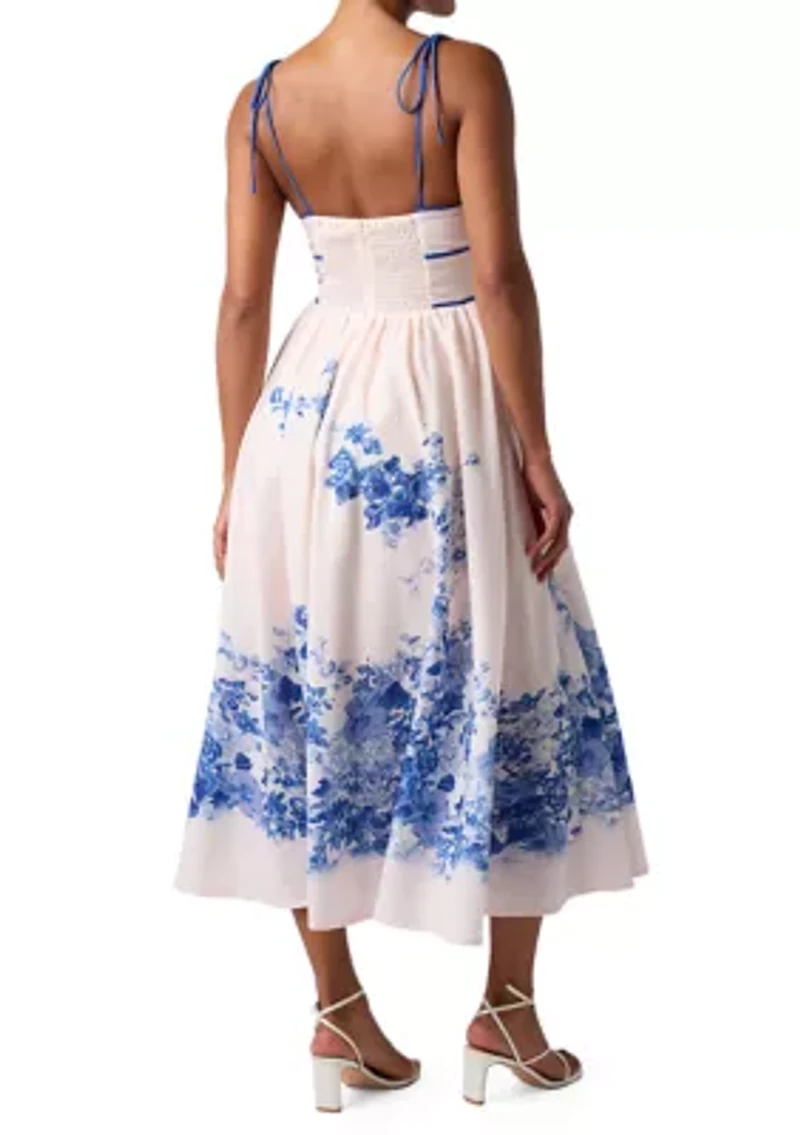 Women's Sleeveless Tie Strap Placement Floral Midi Dress