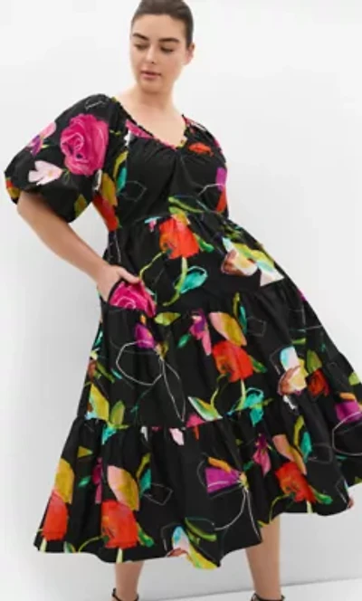 Fantasy Print Puff Sleeve Midi Dress