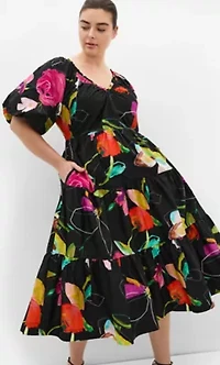 Fantasy Print Puff Sleeve Midi Dress