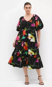 Fantasy Print Puff Sleeve Midi Dress
