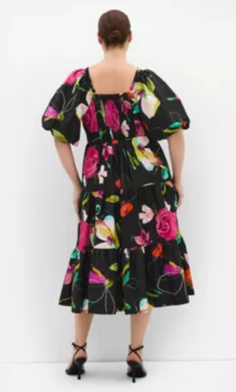 Fantasy Print Puff Sleeve Midi Dress