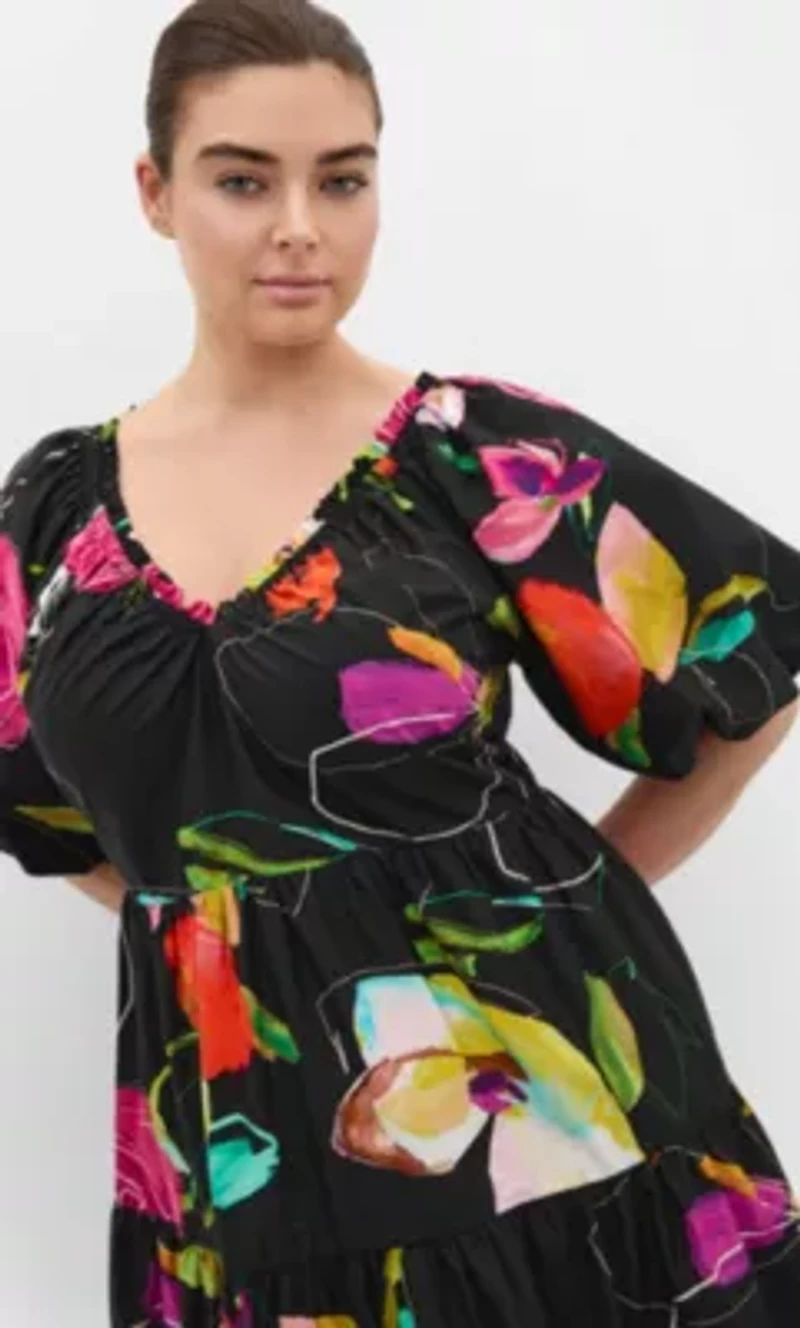 Fantasy Print Puff Sleeve Midi Dress