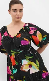 Fantasy Print Puff Sleeve Midi Dress