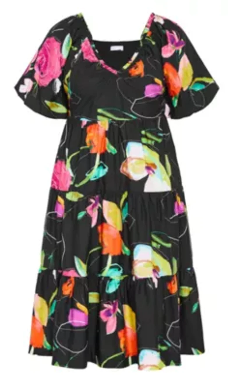 Fantasy Print Puff Sleeve Midi Dress