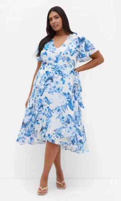 Short Sleeve Bluebell Print Wrap Midi Dress