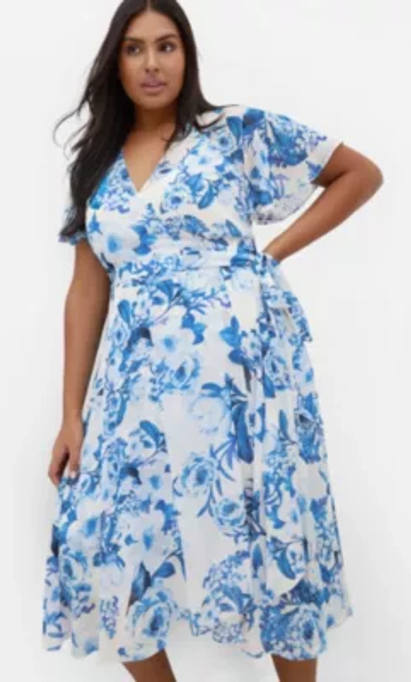 Short Sleeve Bluebell Print Wrap Midi Dress