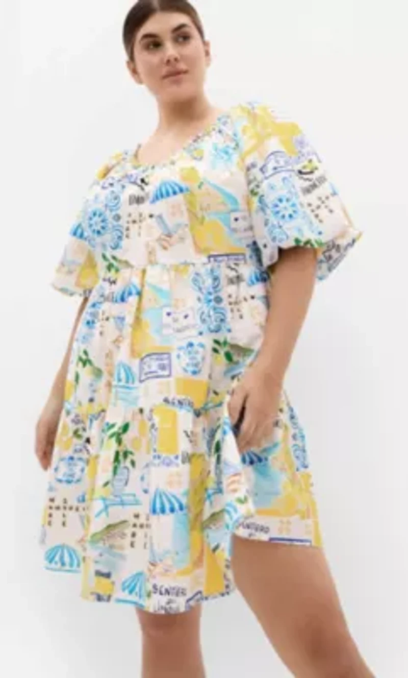 Fantasy Amalfi Print Puff Sleeve Mini Dress