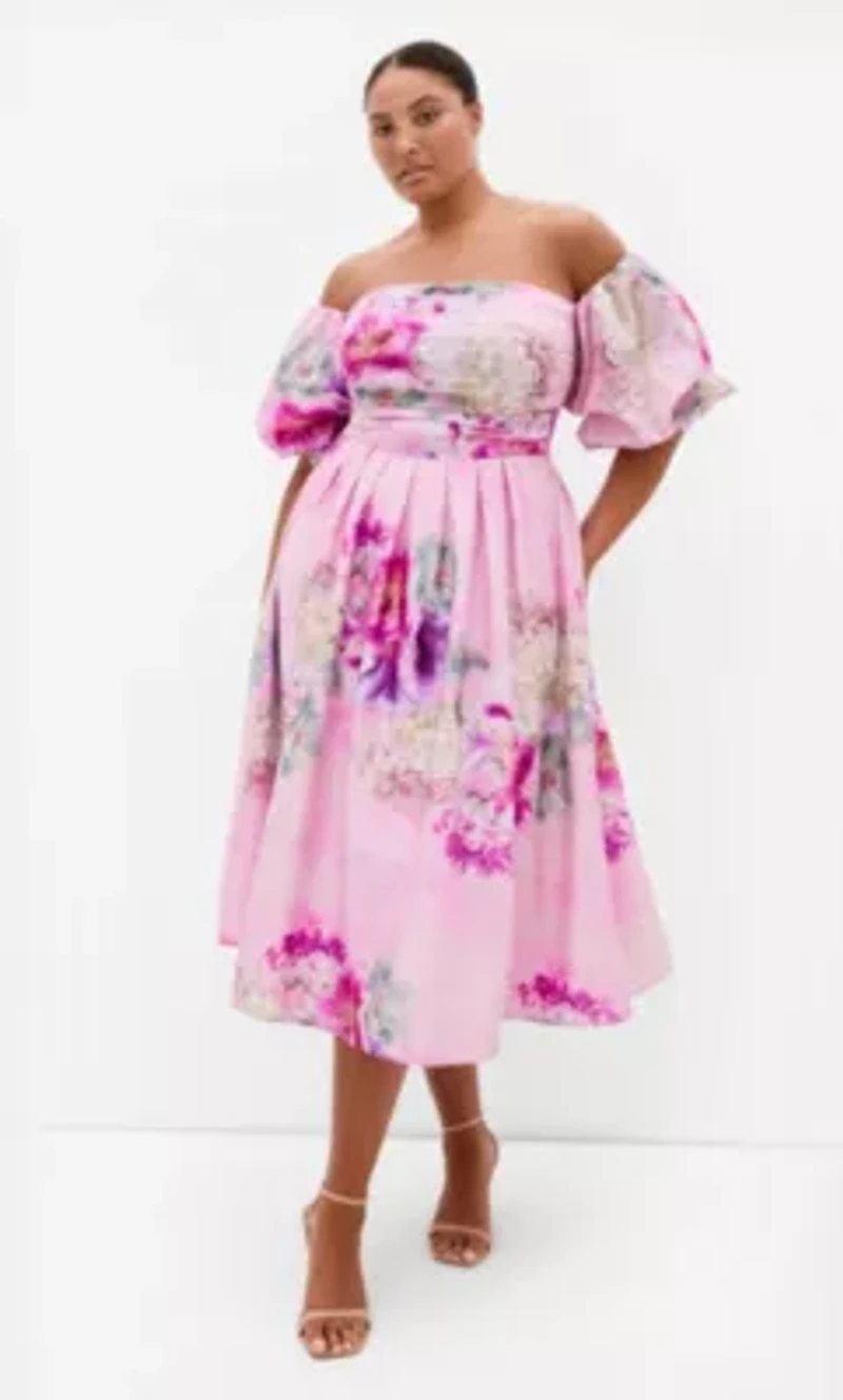 Rosalee Garden Print Puff Sleeve Midi Dress