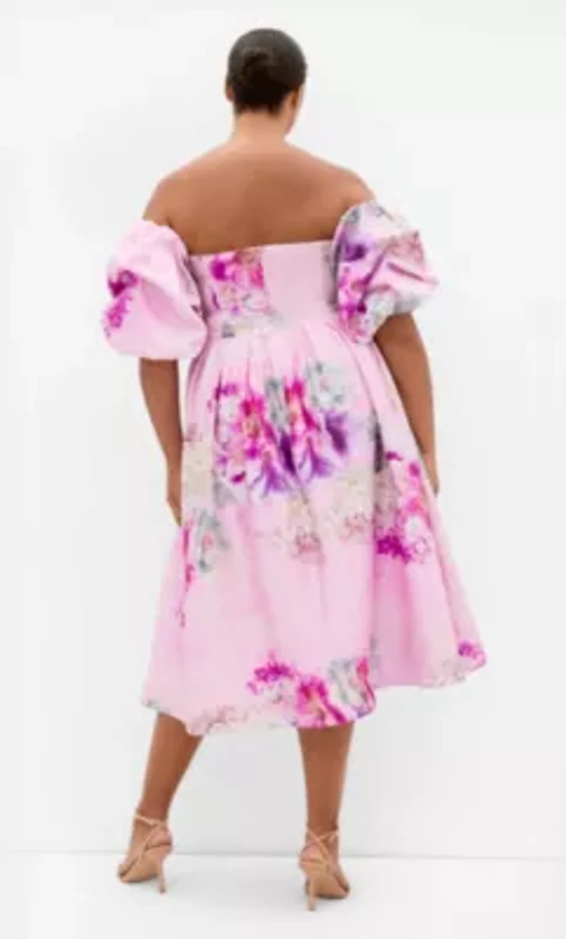 Rosalee Garden Print Puff Sleeve Midi Dress