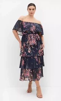 Night Garden Print Tier Midi Dress