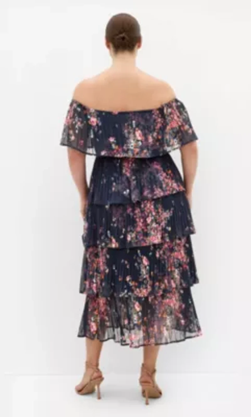 Night Garden Print Tier Midi Dress