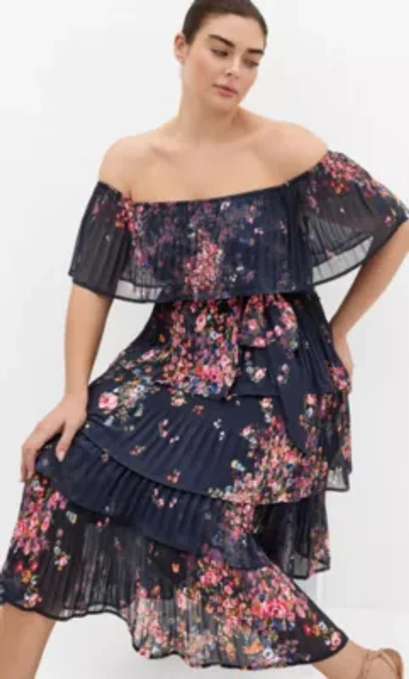 Night Garden Print Tier Midi Dress