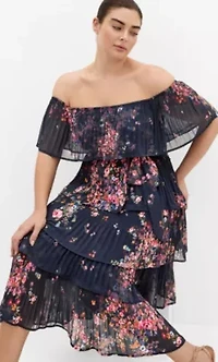 Night Garden Print Tier Midi Dress