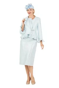 2-piece Silky Twill Skirt Suit with Ruffles & Sequined Lace