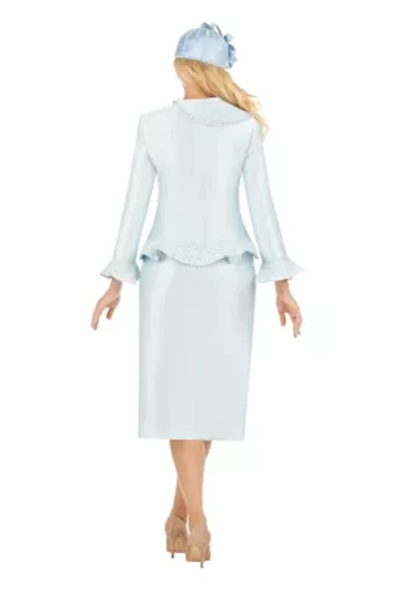 2-piece Silky Twill Skirt Suit with Ruffles & Sequined Lace