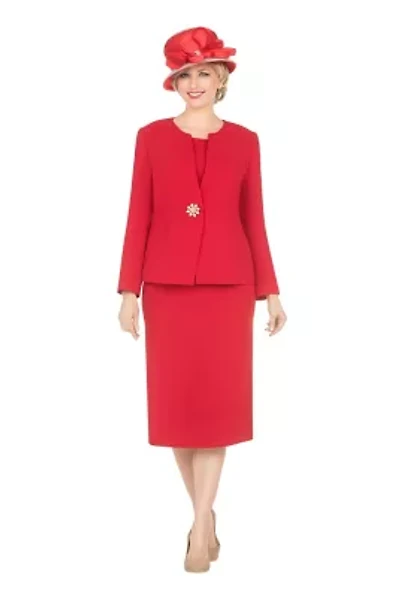 3-Piece Luxe Crepe Skirt Suit with Waist Brooch Detail