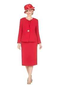 3-Piece Luxe Crepe Skirt Suit with Waist Brooch Detail