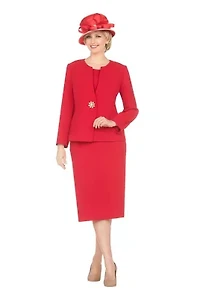 3-Piece Luxe Crepe Skirt Suit with Waist Brooch Detail