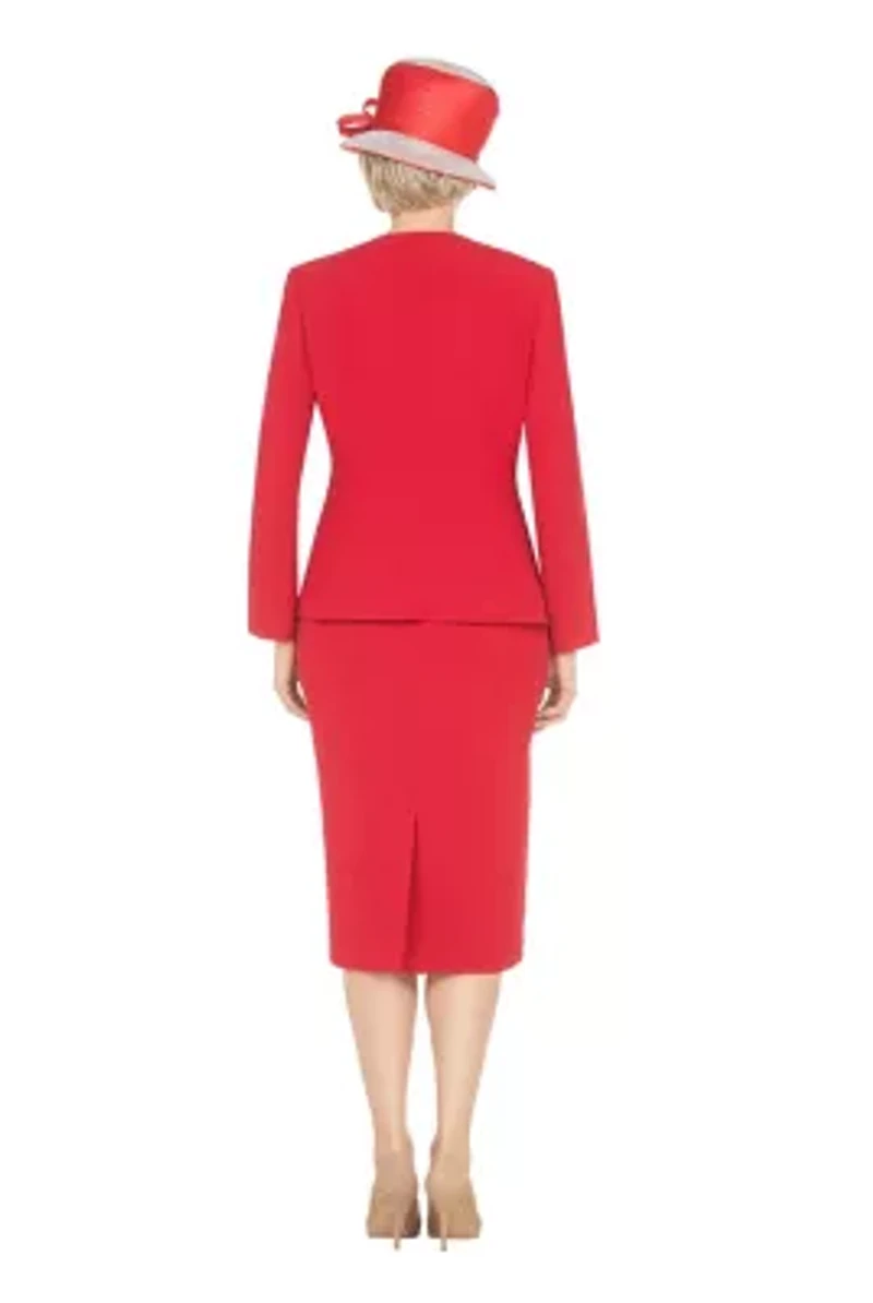 3-Piece Luxe Crepe Skirt Suit with Waist Brooch Detail