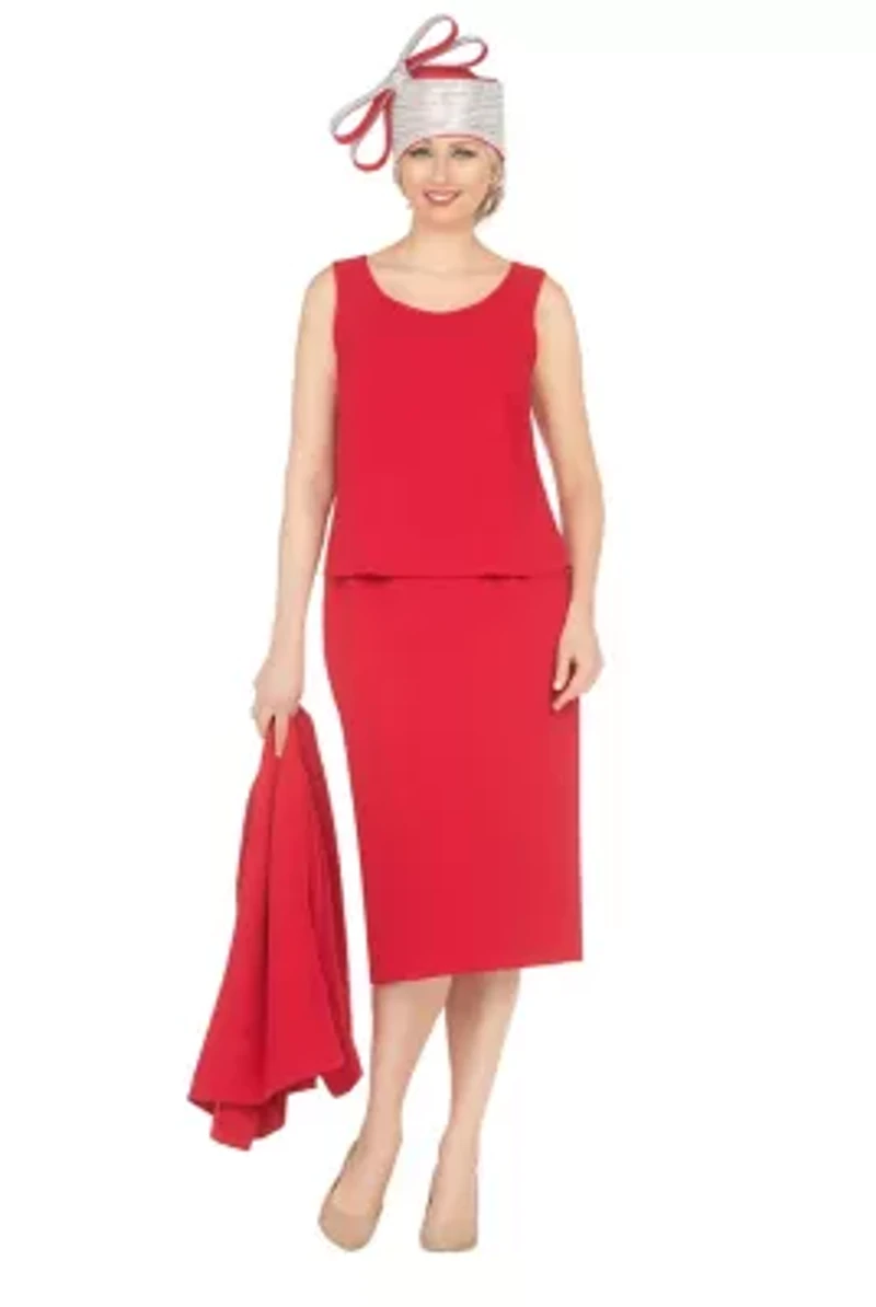 3-Piece Luxe Crepe Skirt Suit with Waist Brooch Detail